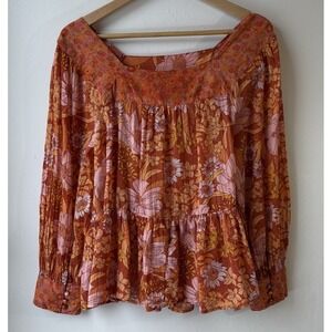 American Eagle Square Neck Peasant Blouse Medium Orange Oversized Boho Festival